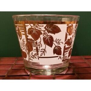 Mid Century Libbey 24kt Gold Leaf Pattern Frosted Glass Ice Bucket Vintage